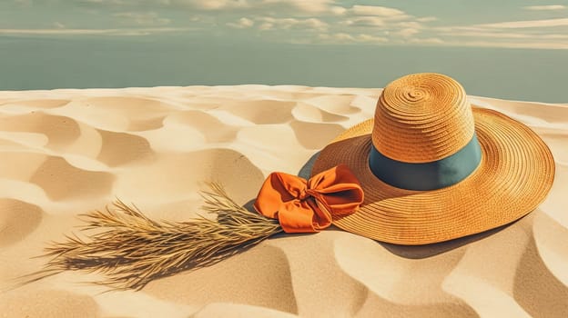 Hat and towel on the sand of the beach. Vacation scene with straw hat on the shore line. Generative AI