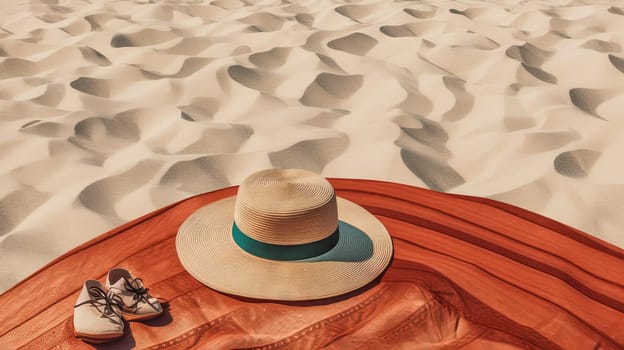 Hat and towel on the sand of the beach. Vacation scene with straw hat on the shore line. Generative AI