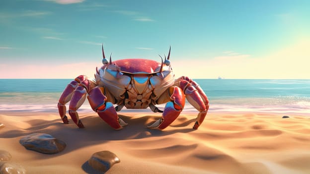 Curious crab on the sandy beach in nostalgic card style. Retro vacation postcard with crab on the coast. Generated AI