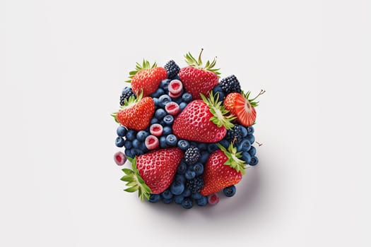 Various berries composition with leaves on white background. Juicy berries laying. Generated AI