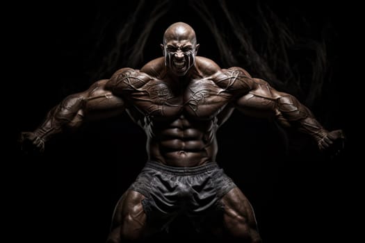 Extreme bodybuilder showing his muscles. Huge athlete demonstrating power. Generated AI