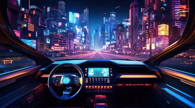 Furutistic car dashboard in the neon city.Synthwave or cyberpunk automobile control panel. Generated AI