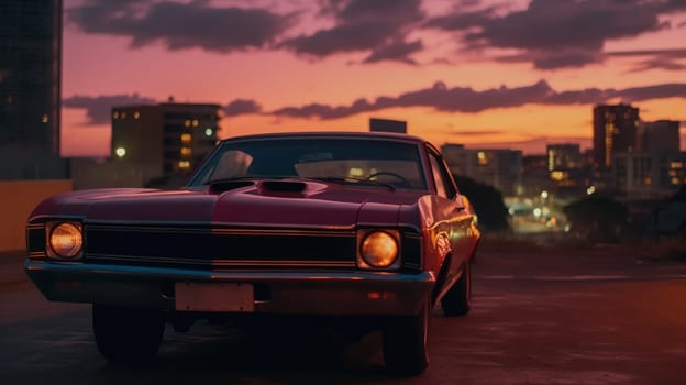 Vintage muscle car parked on the street at night. 80s styled synthwave retro scene with powerful drive in evening. Generated AI