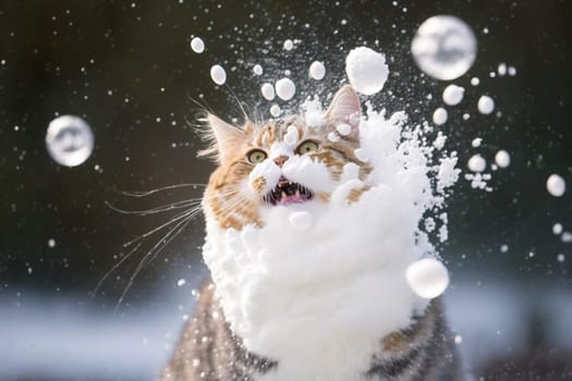 Cat smacked by snowball. Cute kitten with surprised and angry face, hit by snow during winter game. Generated AI