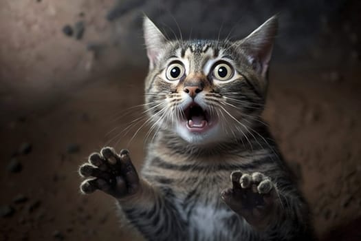 Funny surprised cat with a questioning pose. A cute kitten asks in surprise where the treats are. Generated AI