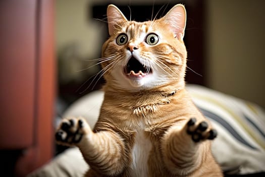 Funny surprised cat with a questioning pose. A cute kitten asks in surprise where the treats are. Generated AI