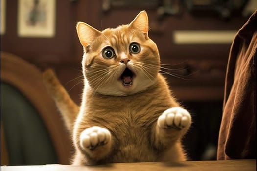 Funny surprised cat with a questioning pose. A cute kitten asks in surprise where the treats are. Generated AI
