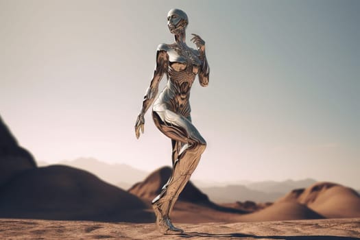 Crome robot woman dancing in the desert. Artificial intelligence rise and shiny. Mechanical beauty. Generated AI