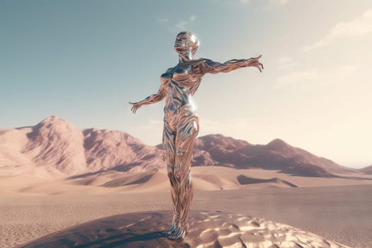 Crome robot woman posing with spread arms. Artificial intelligence rise and shiny. Mechanical beauty. Generated AI