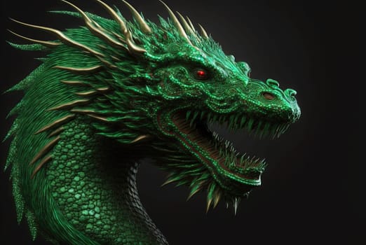 Green dragon portrait, mysterious monster from farytales and symbol of 2024 lunar year in Chinese calendar. Generated AI