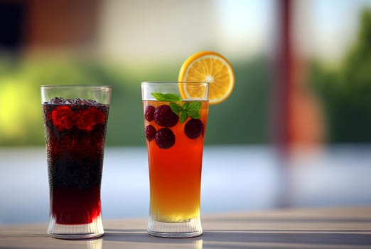 Club cocktails on the table with light. Colorful juicy drinks in glasses. Generated AI