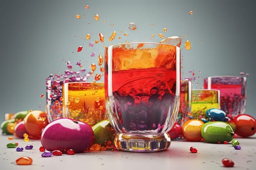 Glass of juice with fruits and berries on the table. Drink splash of sweet organic cocktail. Generated AI