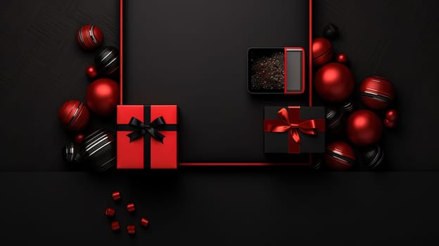 Compostion of gift boxes with ribbons for holiday sale event. Generated AI