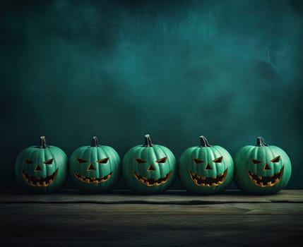 Halloween pumpkins grinning in a row. Autumn holidays card for spooky party. Generated AI