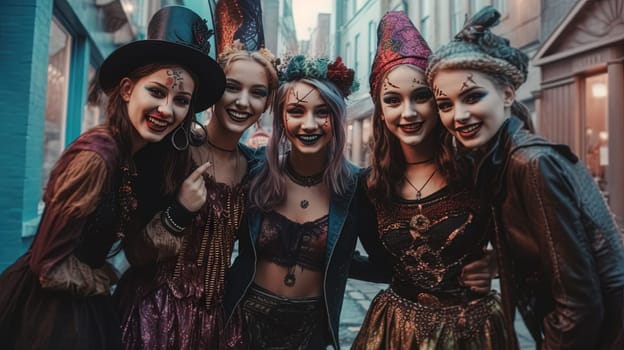 Group of teenagers in spooky makeup for Halloween holiday. Teen friends celebrating Halloween on the street. Generated AI