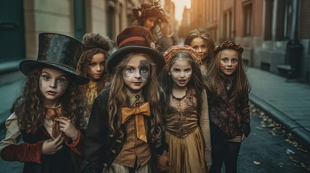 Little girl whith spooky Halloween makeup. Creepy and scary autumn holiday costume for Halloween celebration. Generative AI