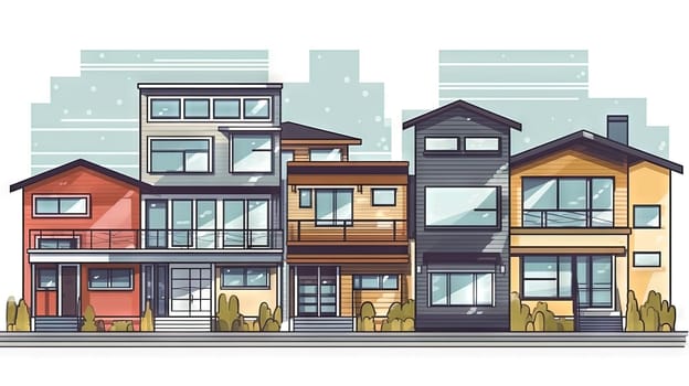 A street with cute residental houses in the neighborhood. Suburb architecture or village cottages. Generated AI