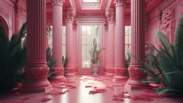 Corridor of pink columns and green plants in vaporwave styled hotel. Generated AI
