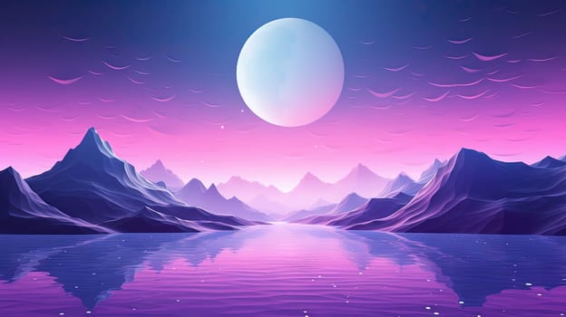 Pink landscape with moon over polygonal mountains. Calm surreal backround. Generated AI