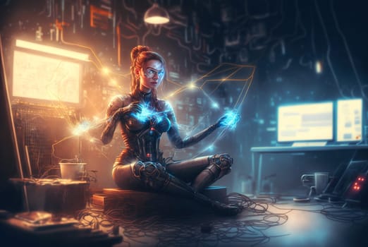 Digital era woman meditating in neon wires, with consciousness connected to the world via technological structure. Generated AI