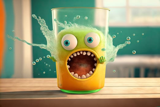 Funny monster juice. Cute glass of juice character with splashing fresh beverage. Generated AI