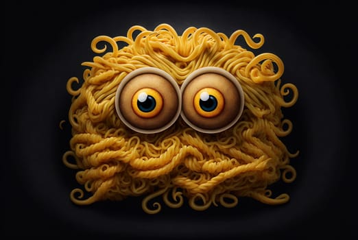 Funny monster spaghetti. Cute pasta, noodle or ramen character with crazy funny face. Generated AI