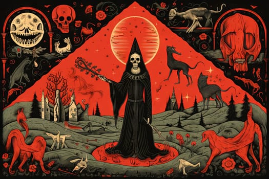 Medieval styled occult art with skeleton and monsters. Ancient icon or old book illustration with mystic religious scene. Generated AI