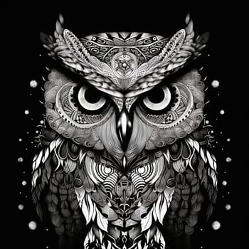 Wild owl with mystic design elements. Occult wise bird black and white symbol in vintage style. Generated AI.