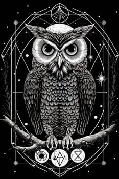 Wild owl with mystic design elements. Occult wise bird black and white symbol in vintage style. Generated AI.