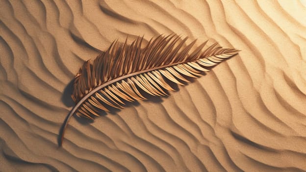 Plam leaf on the tropical beach sand. Vacation and relaxation concept with dry palm leaf on the hot summer beach. Generated AI