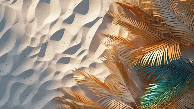 Plam leaves on the tropical beach sand background. Vacation and relaxation concept with dry palm leaves on the hot summer beach. Generated AI