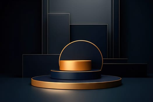 Dark blue pedestal in black room with geometric shapes. Podium for product showcase. Generated AI