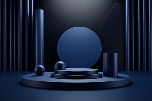 Dark blue pedestal in black room with geometric shapes. Podium for product showcase. Generated AI