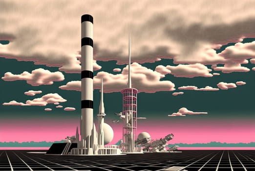 Retrofuturistic landscape in 80s sci-fi style. Retro science fiction scene with futuristic buildings. Generated AI