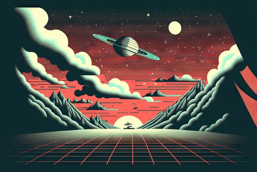 Retro styled sci-fi landscape with mountains. Retro futuristic science fiction illustration in drawing style with alien sun. Generated AI