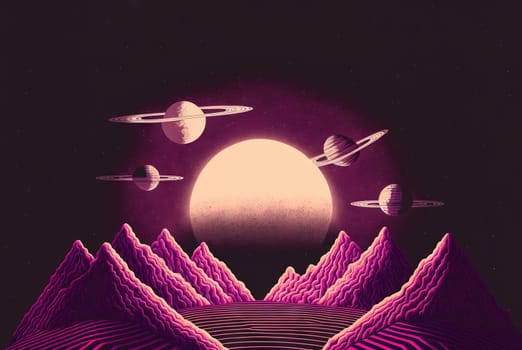 Retro styled sci-fi landscape with mountains. Retro futuristic science fiction illustration in drawing style with alien sun. Generated AI