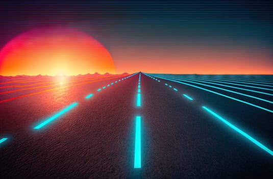 Road to the horizon concept with synthwave colors. Abstract background with surreal night way in 80s style. Generated AI