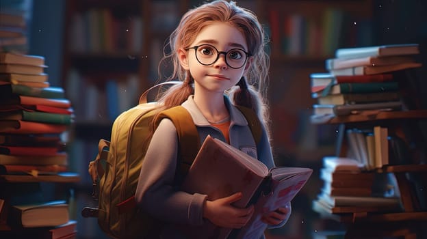Schoolgirl with backpack and books in 3D cartoon style. Generated AI