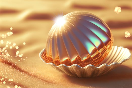 Surreal shell on the beach. Abstract clam with filigree shape on the sand. Generated AI