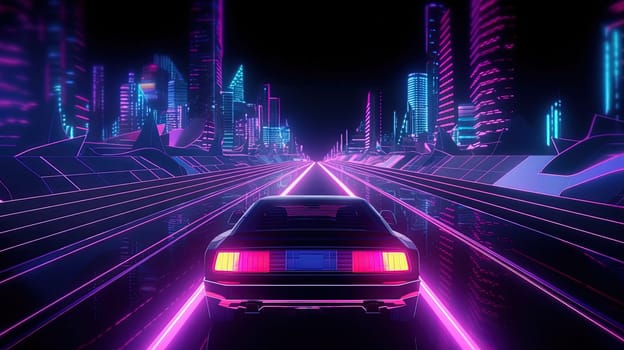 Car ride on the neon road in 80s retro synthwave style. Generated AI