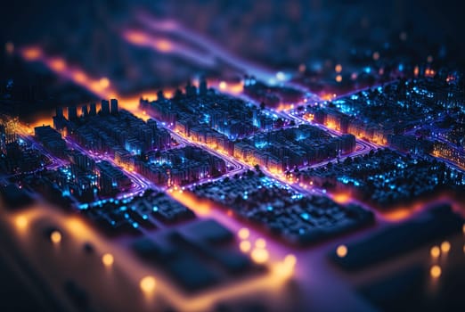 Abstract neon city aerial view. Technology concept of night cityscape with blue lights in synthwave style. Generated AI