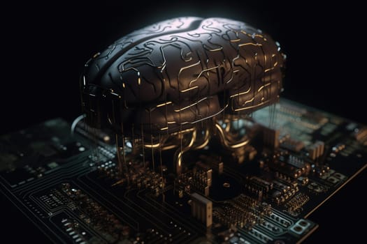 Artificial intelligence science concept with technological AI brain on the circuit board. Generated AI