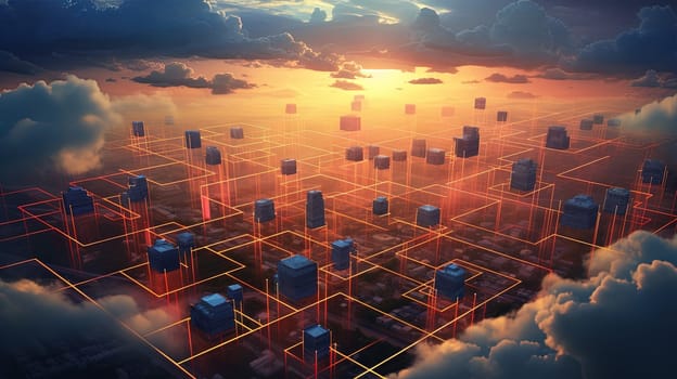 Concept of a digital city with cloud connections. Futuristic network in the clouds. Generated AI