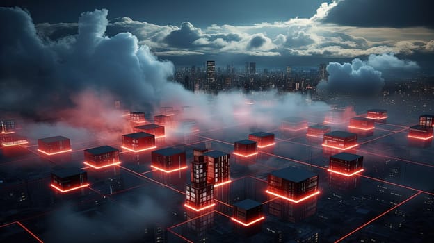 Concept of a digital city with cloud connections. Futuristic network in the clouds. Generated AI