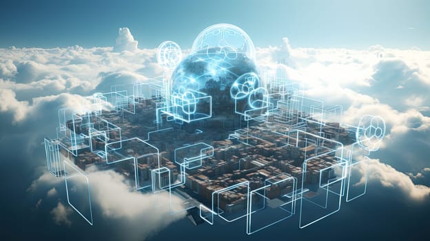 Concept of a digital city with cloud connections. Futuristic network in the clouds. Generated AI