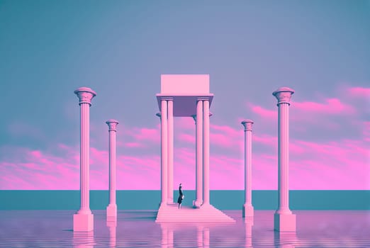 Vaporwave landscape with abstract building with pillars. 80s styled pink and blue minimalistic architectural scene. Generated AI