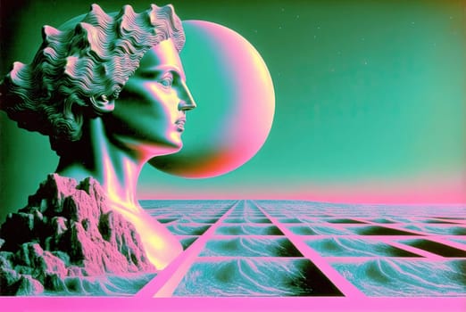 Vaporwave background with ancient greek statue head and architectural elements. Abstract vaporwave background in 80s style. Generated AI