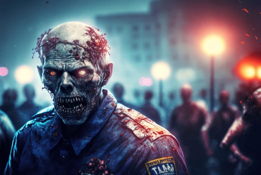 Techno zombie woth neon lights and shiny eyes. Cyberpunk horror party concept. Generated AI