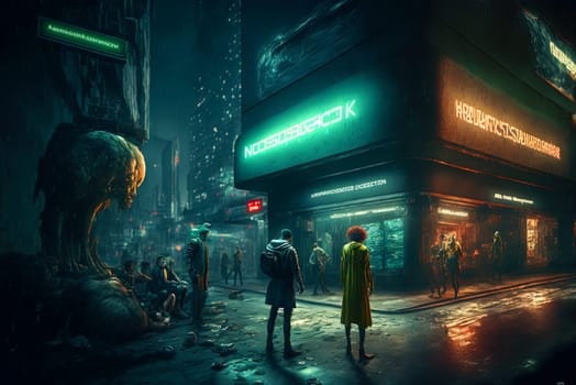 Cyberpunk styled cafe on the street corner with neon lights. Futuristic fast food restaurant with fake neon signs. Generative AI