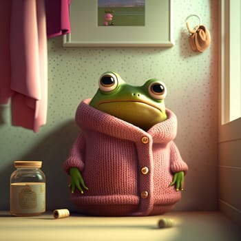 Frog in pink knitted sweater relaxing at home. Funny green frog in cozy clothes, self care concept. Generative AI